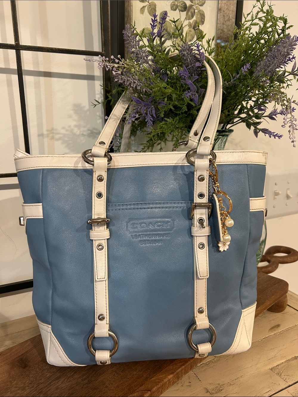 COACH Blue and White Leather Strap Tote